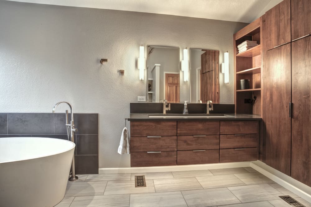 Niwot Master Bathroom Remodel - Melton Design Build - Vanity and Soaking Tub Niwot Master Bathroom Remodel - Melton Design Build - View from the shower